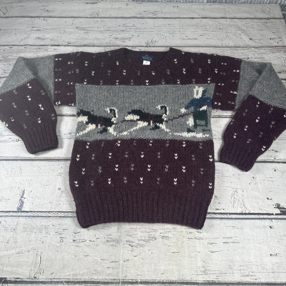Vintage Woolrich Men's 100% Wool Sweater Winter Dog Sledding Pattern Heavy Knit